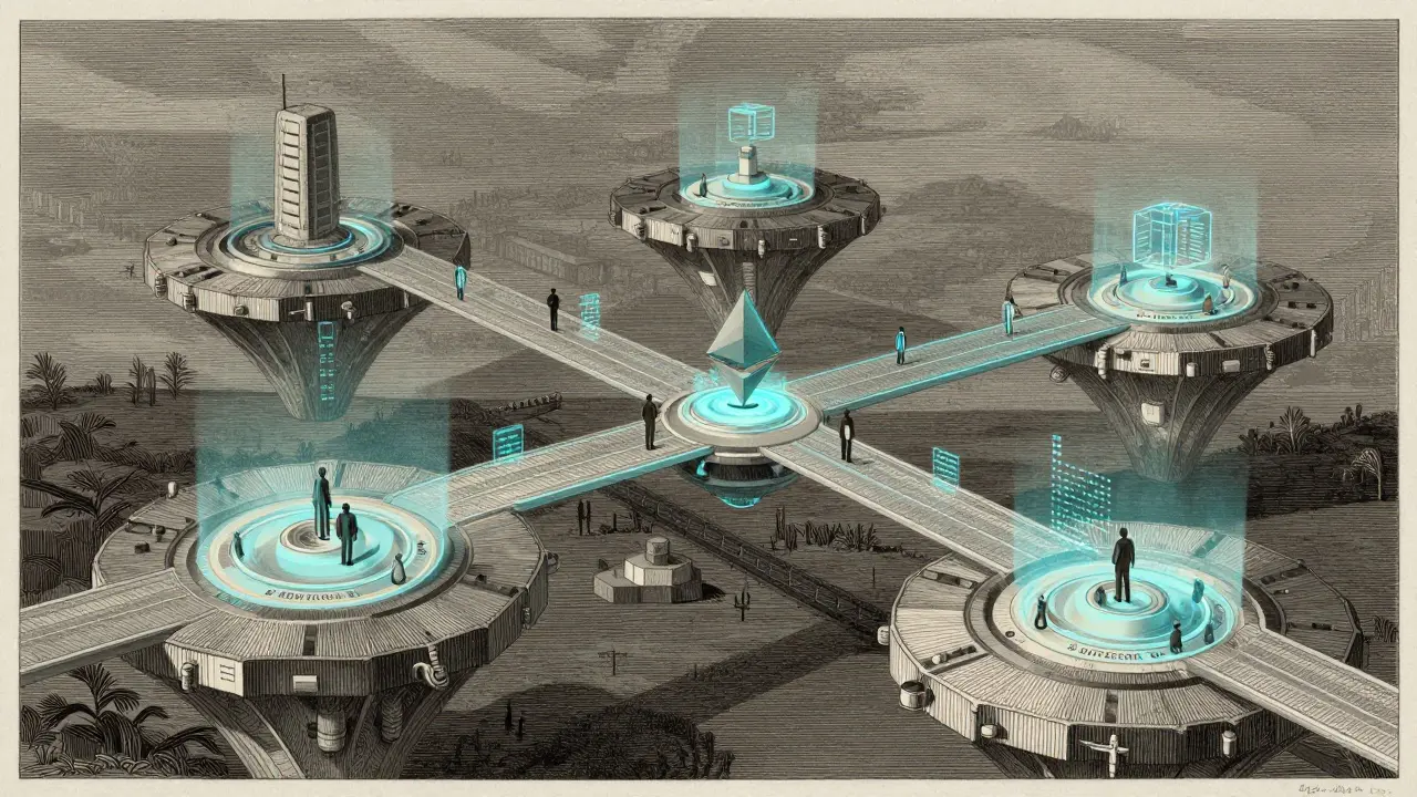 An etching of floating platforms and bridges representing a blockchain superchain