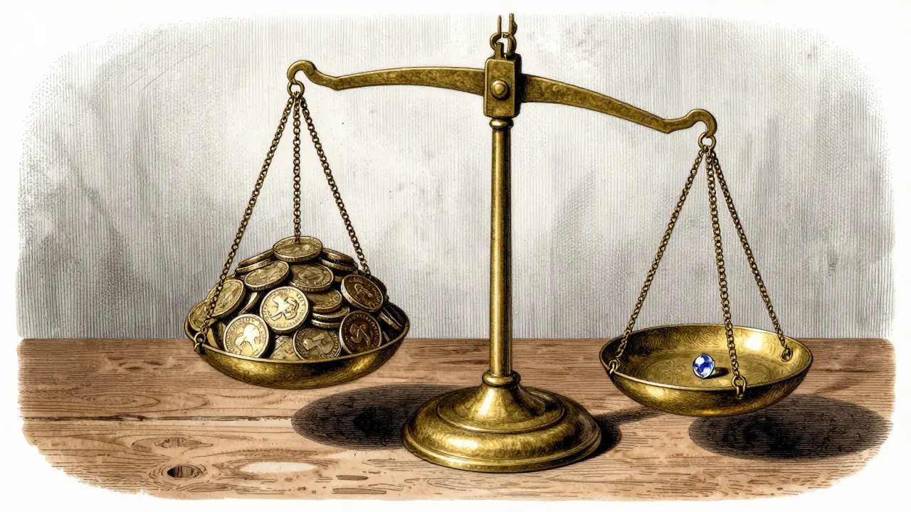 Antique scale with heavy coin pile versus single small gemstone