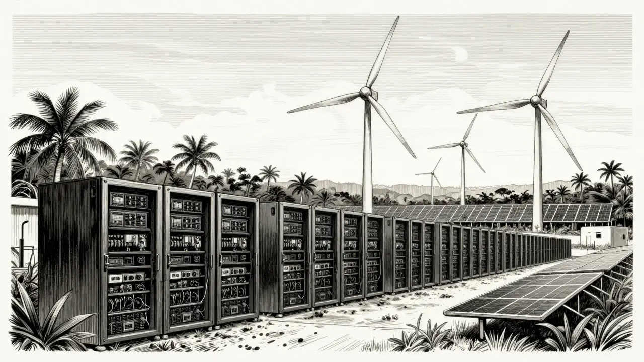 Crypto mining servers powered by wind turbines and solar panels in a tropical landscape.