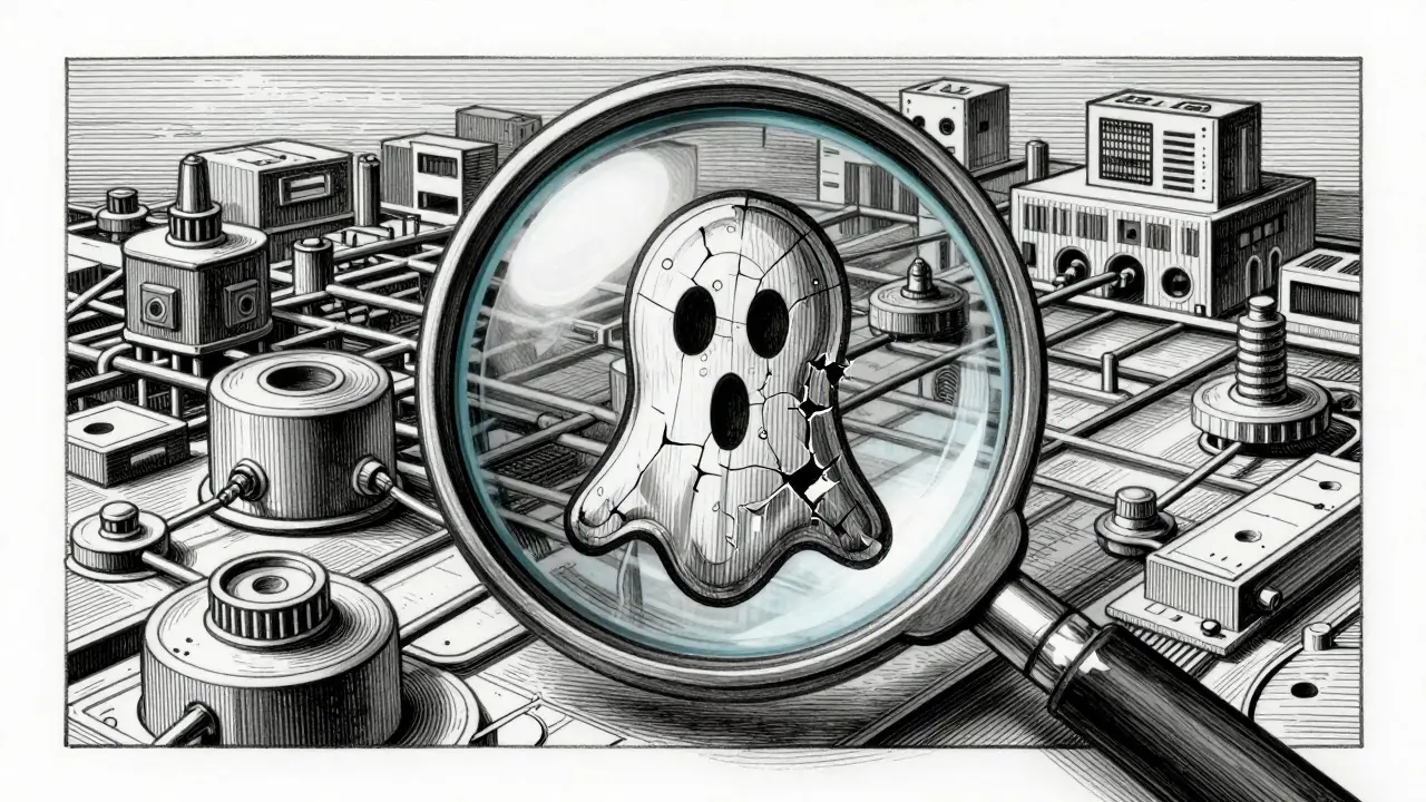 Detailed etching of a magnifying glass revealing a fake token on a blockchain.