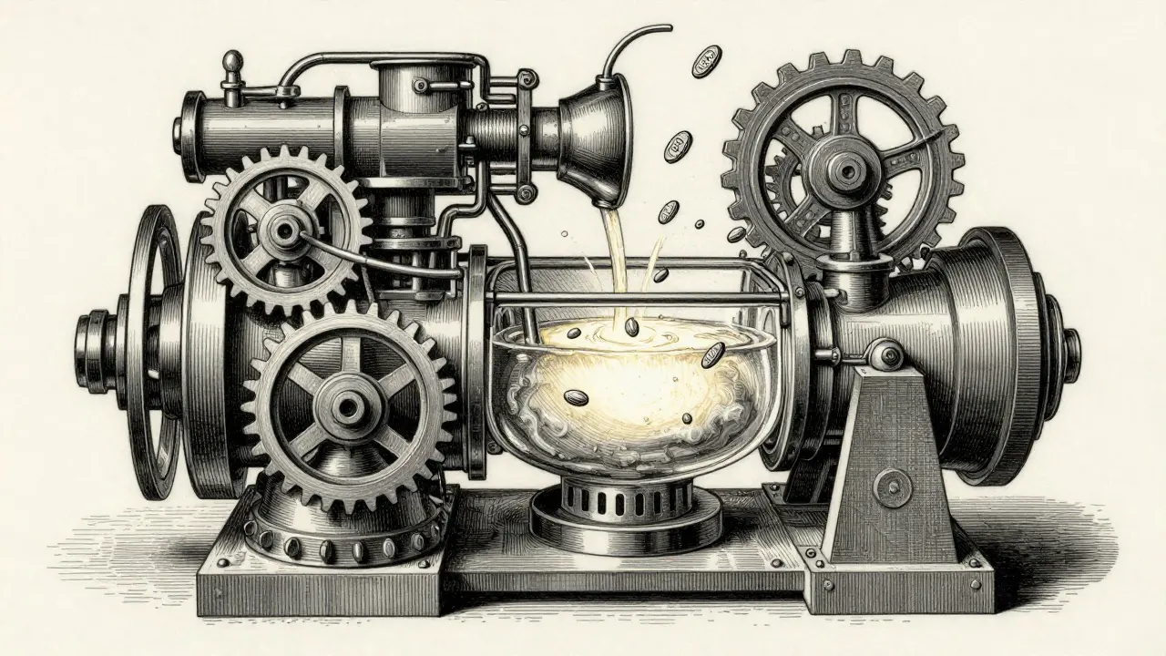 Detailed etching of a mechanical engine illustrating a decentralized exchange with liquidity pools.