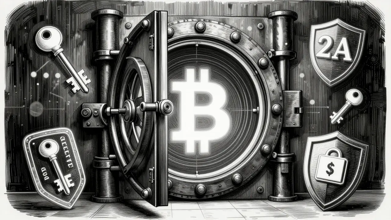 Detailed etching of a secure iron vault protecting a digital cryptocurrency symbol.