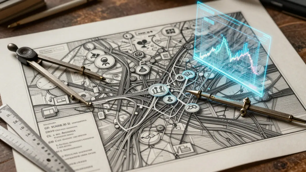 Detailed etching of a trading dashboard with data streams and analytical tools