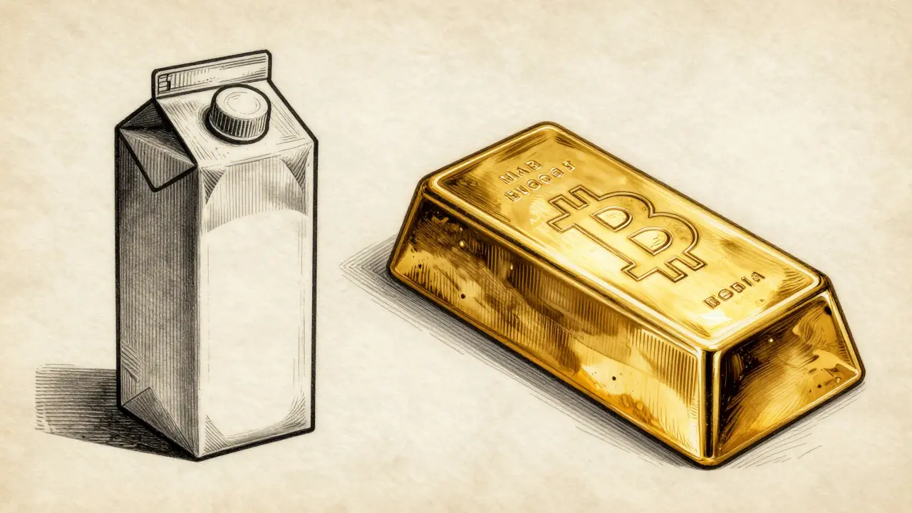 Etching comparing a milk carton to a Bitcoin gold bar