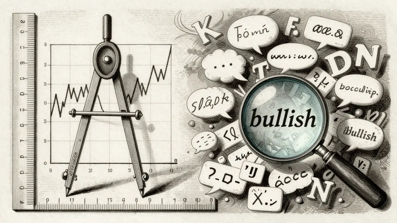 Etching comparing a precise technical chart with a chaotic cloud of social media text.