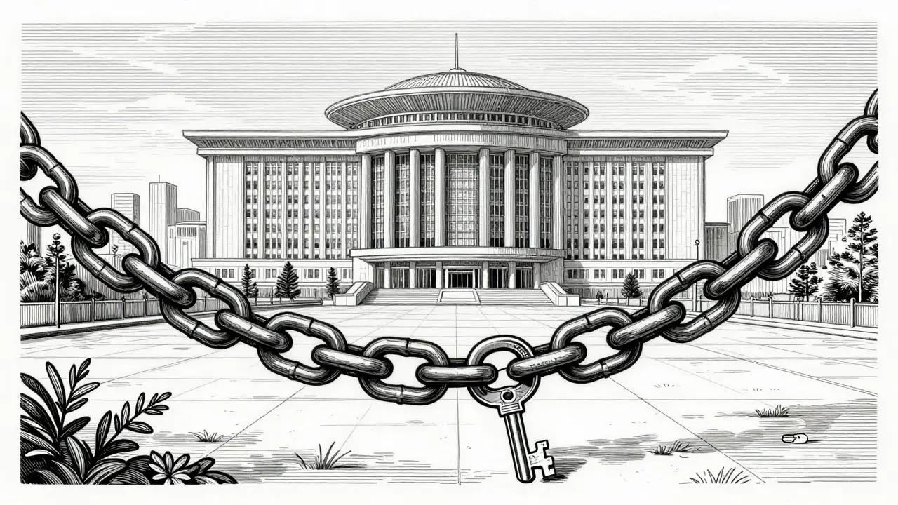 Etching illustration of chains being unlocked in front of a government building representing new laws