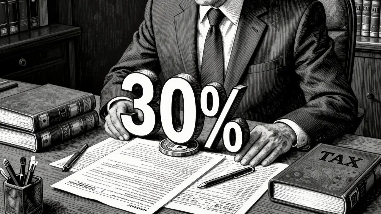 Etching of a businessman at a desk with tax ledgers and a heavy weight on a cryptocurrency coin