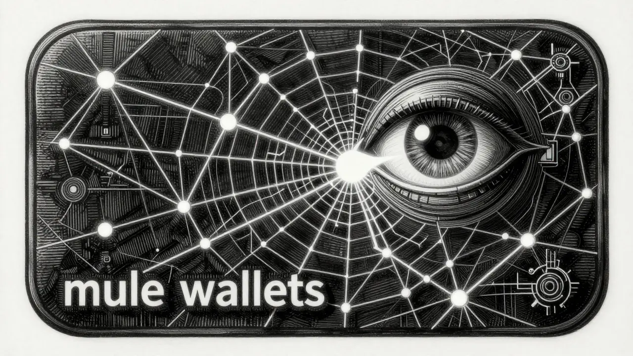 Etching of a complex digital network of wallets being analyzed by a forensic lens