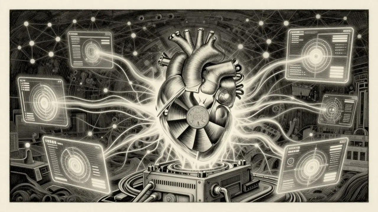 Etching of a computer GPU powering a decentralized AI network and holographic gaming interfaces.