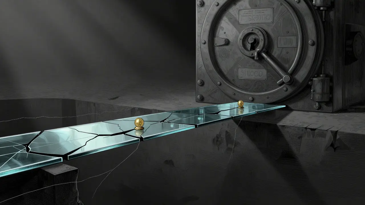 Etching of a cracking glass bridge over a dark void with a locked vault.