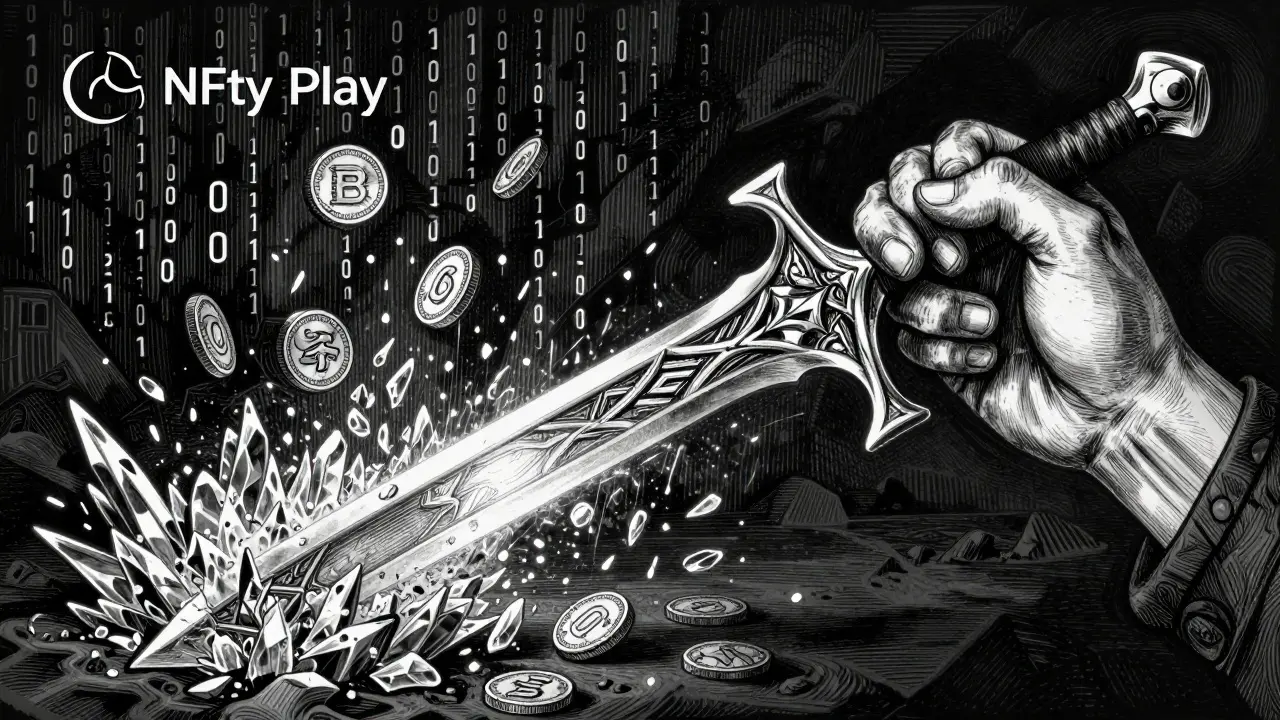 Etching of a fantasy sword transforming into a digital cryptocurrency coin.