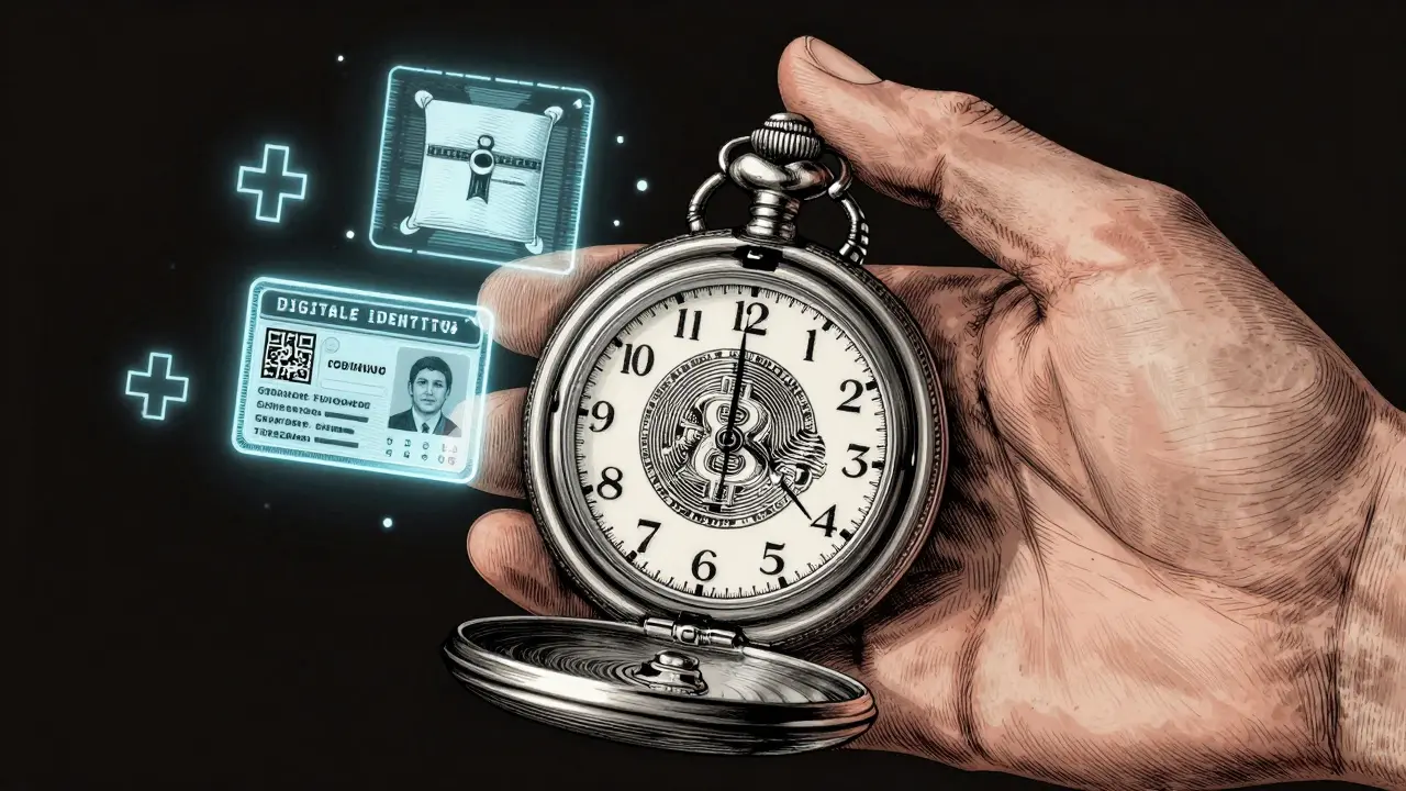 Etching of a hand holding a digital identity wallet containing cryptographic credentials.