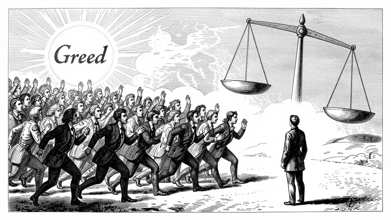 Etching of a lone trader facing away from a crowd rushing toward a symbol of greed.