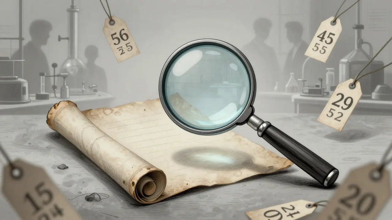 Etching of a magnifying glass over a blank scroll with conflicting price tags.