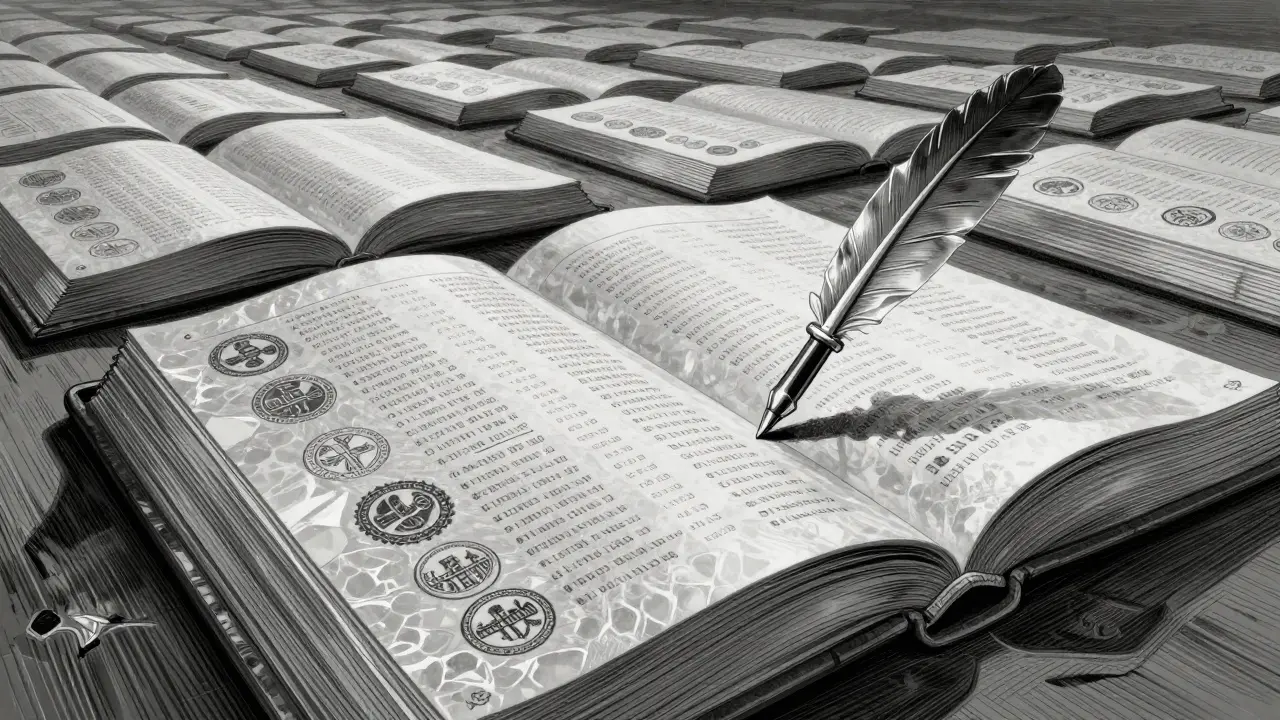 Etching of a massive stone blockchain ledger with infinite etched transaction records.