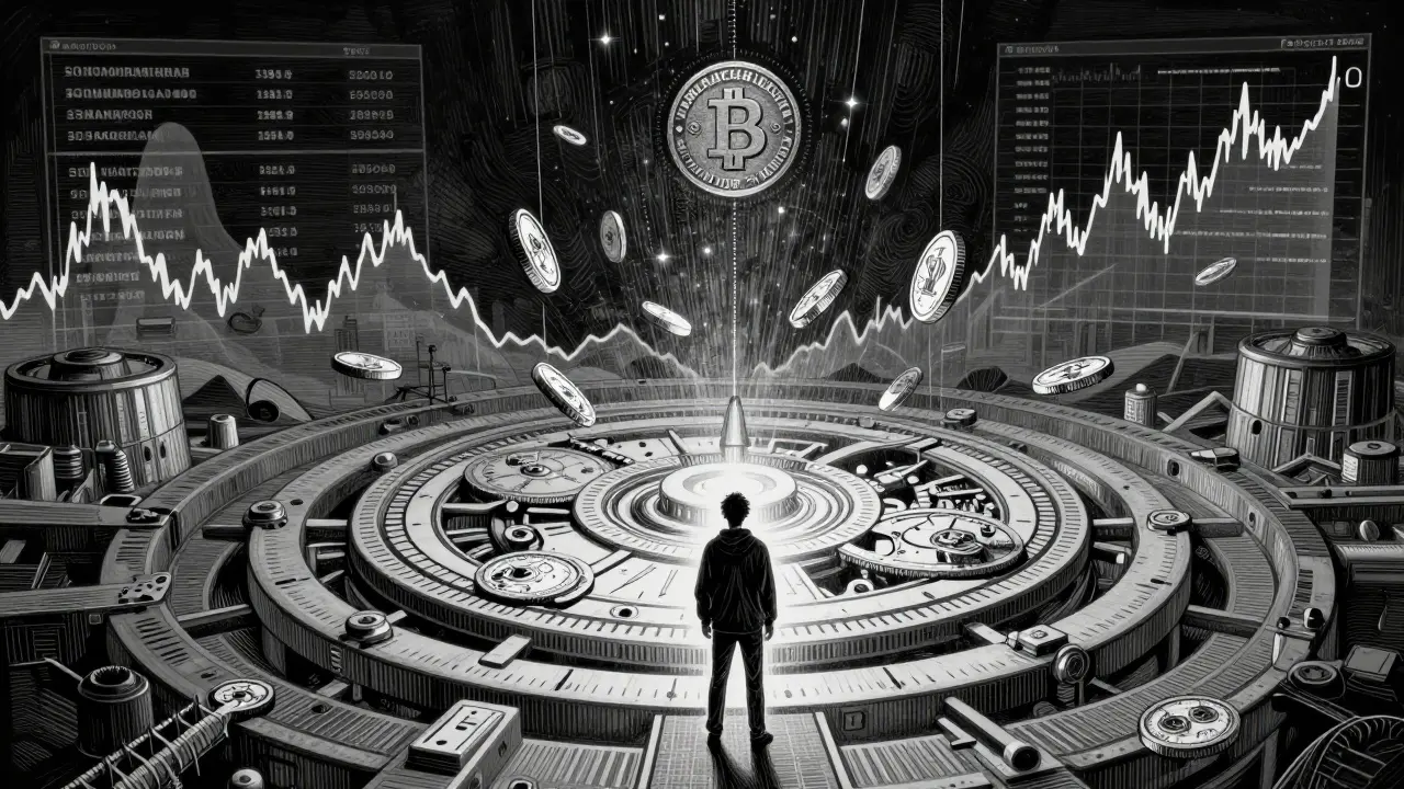 Etching of a person facing a complex blockchain mechanism and market charts.
