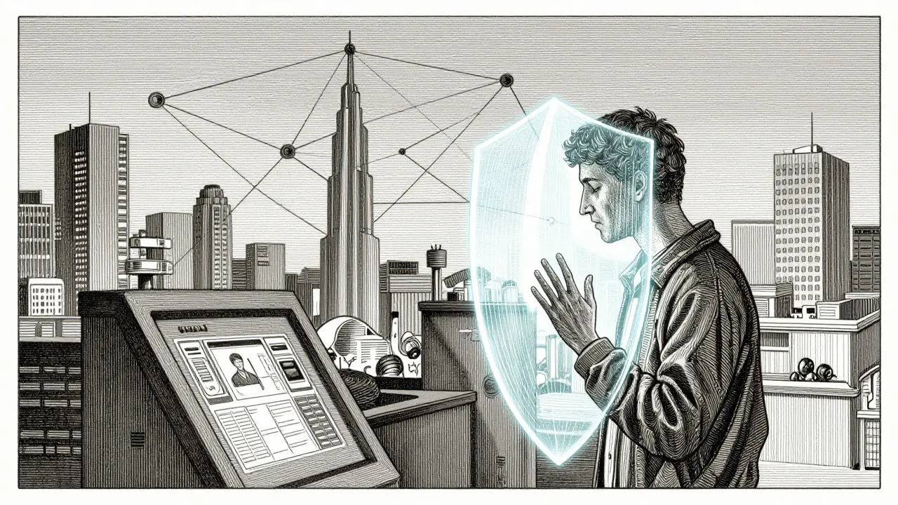 Etching of a person using a decentralized identity in a futuristic, networked city.
