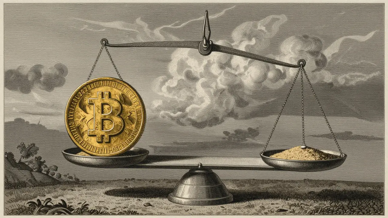 Etching of a scale balancing a gold coin and a grain of sand to show token price volatility.