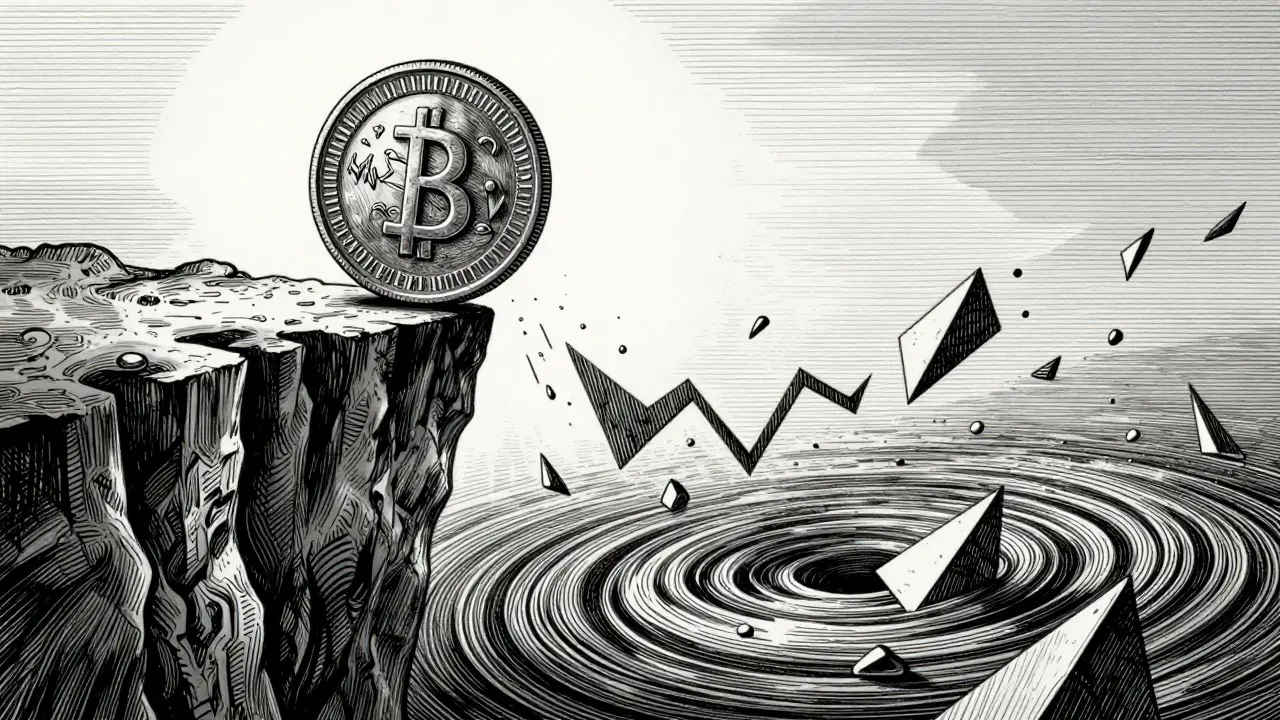 Etching of a single coin balancing on a jagged cliff edge over a void.