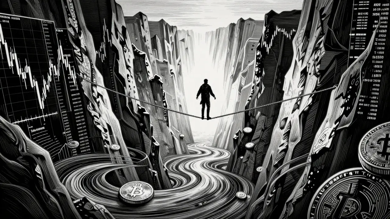 Etching of a trader balancing on a tightrope over volatile financial charts.