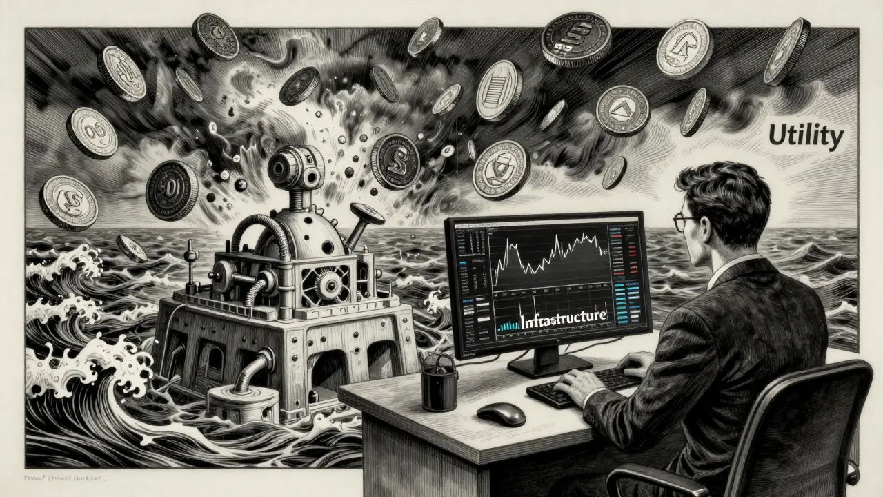 Etching of a trader using a data dashboard to navigate a sea of chaotic coins.