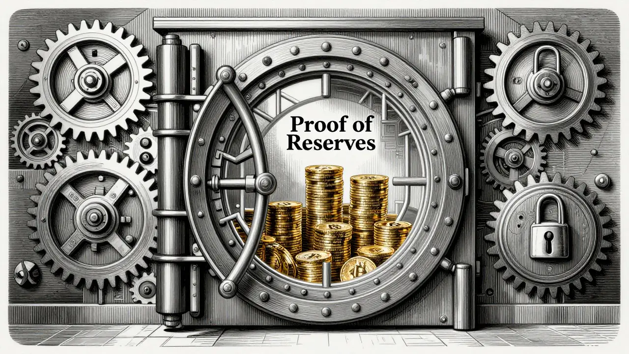 Etching of a transparent secure vault showing digital assets as proof of reserves.