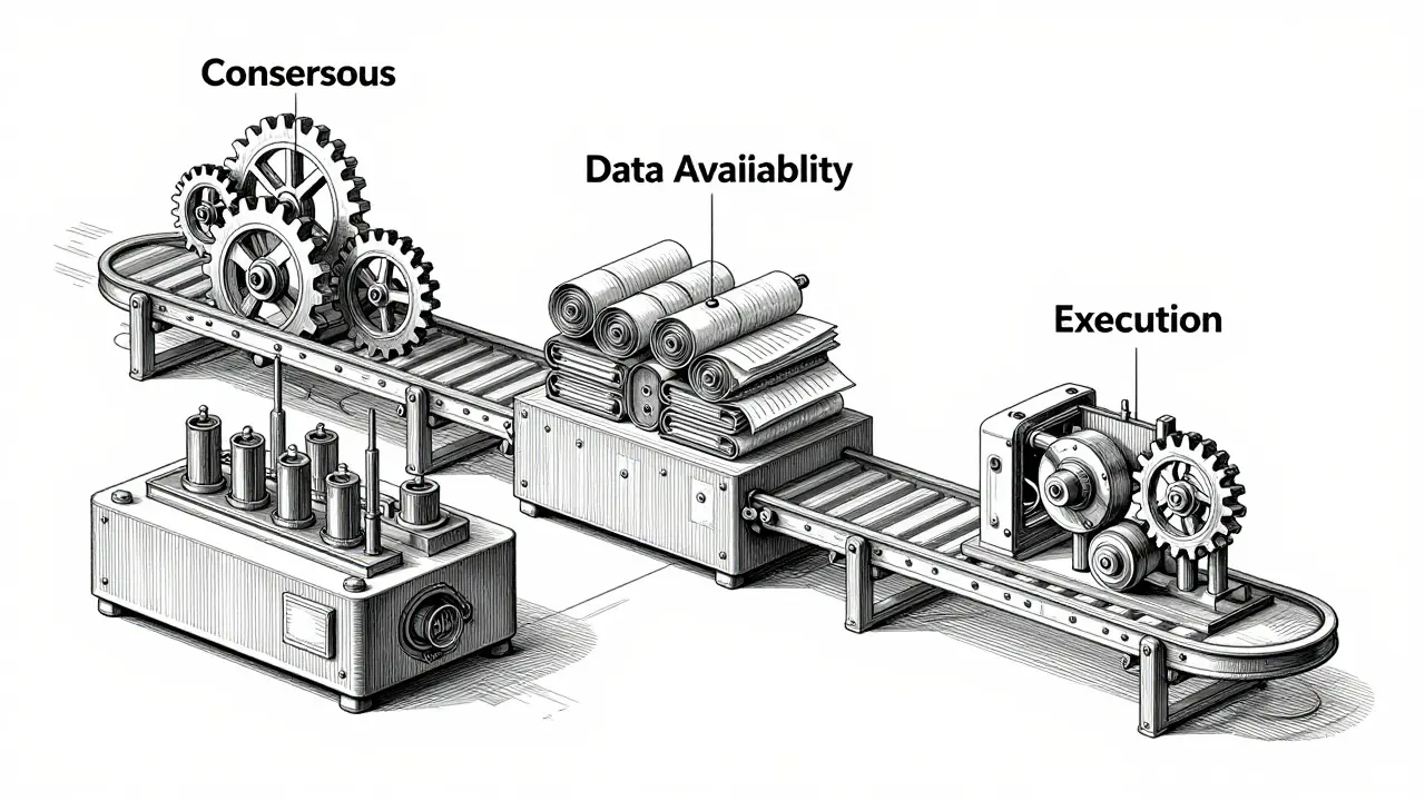 Etching of an organized assembly line with separate specialized stations.