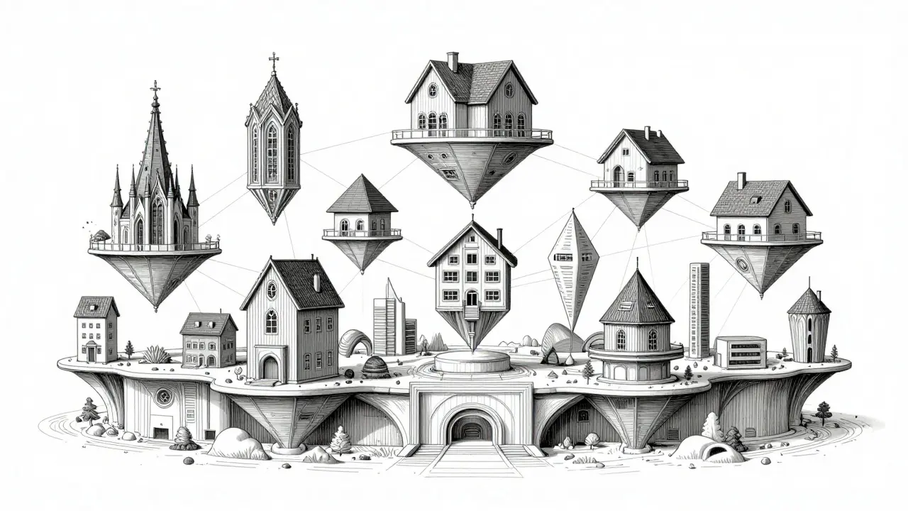 Etching of diverse architectural structures resting on a single solid foundation.