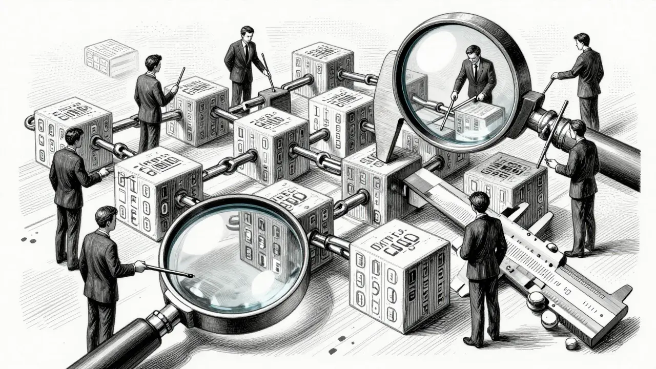 Etching showing compliance officers using magnifying glasses to inspect a digital blockchain