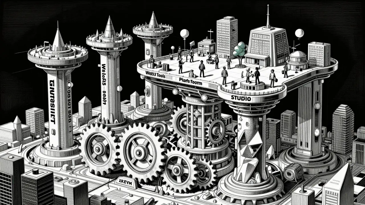 Etching showing the architectural pillars of GameSwift's blockchain infrastructure and a digital city.