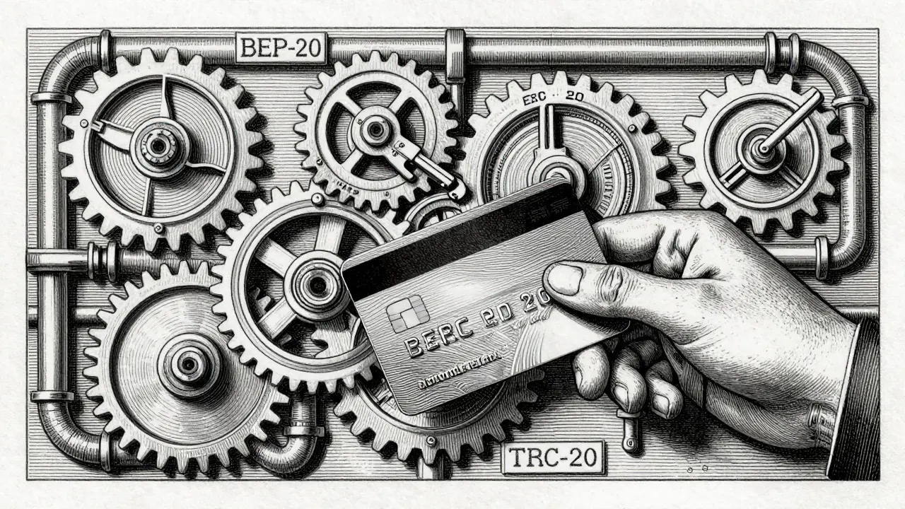 Mechanical etching of interconnected gears and a hand holding a credit card.