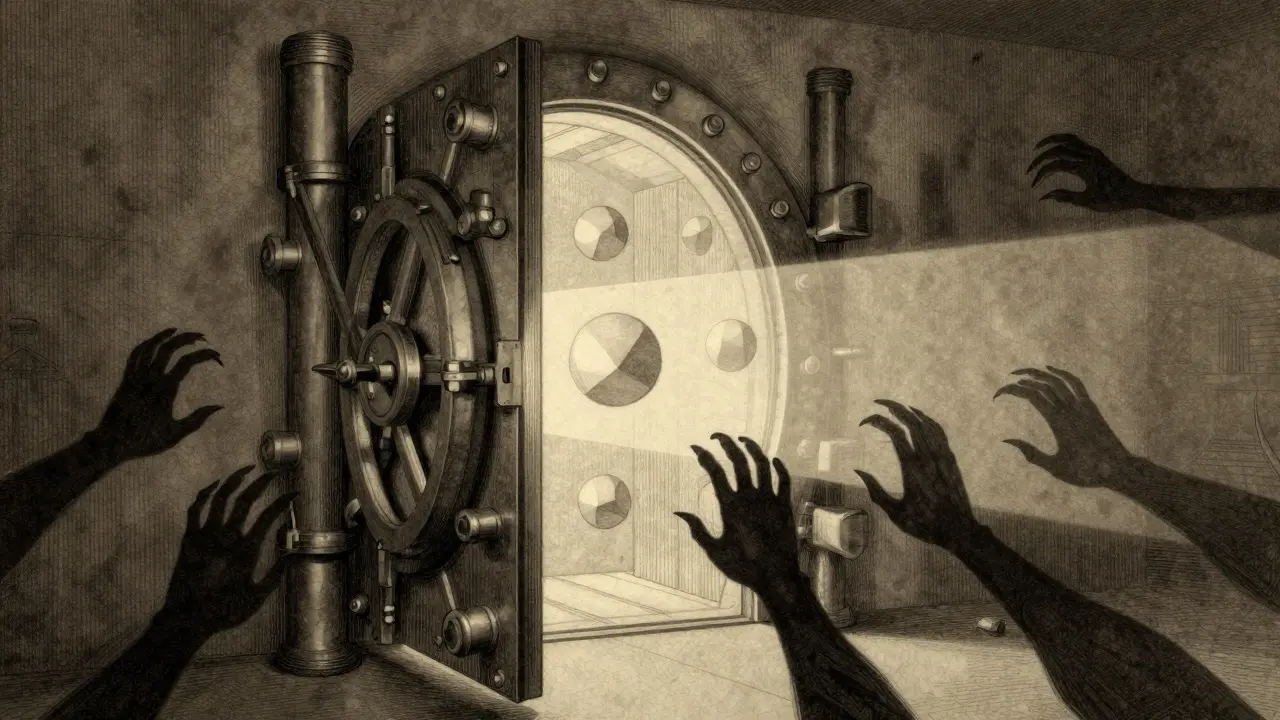 Open iron vault door with protective barrier stopping shadow hooks