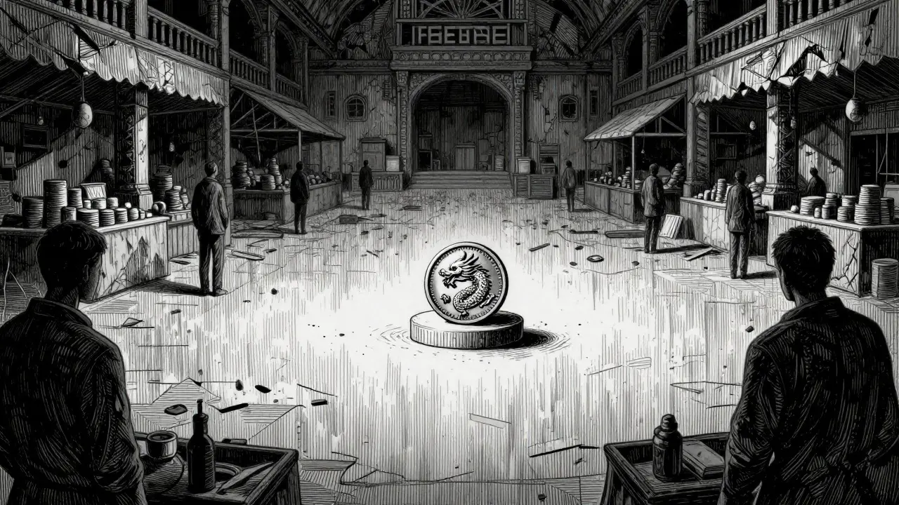 An empty trading floor with a lone coin, illustrating the severe liquidity crisis of the token.