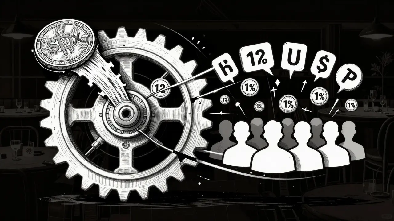 Broken tokenomics flywheel with high taxes in etching art