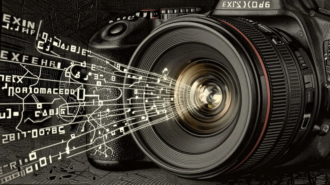 Camera lens etching emitting swirling lines of digital metadata and coordinates