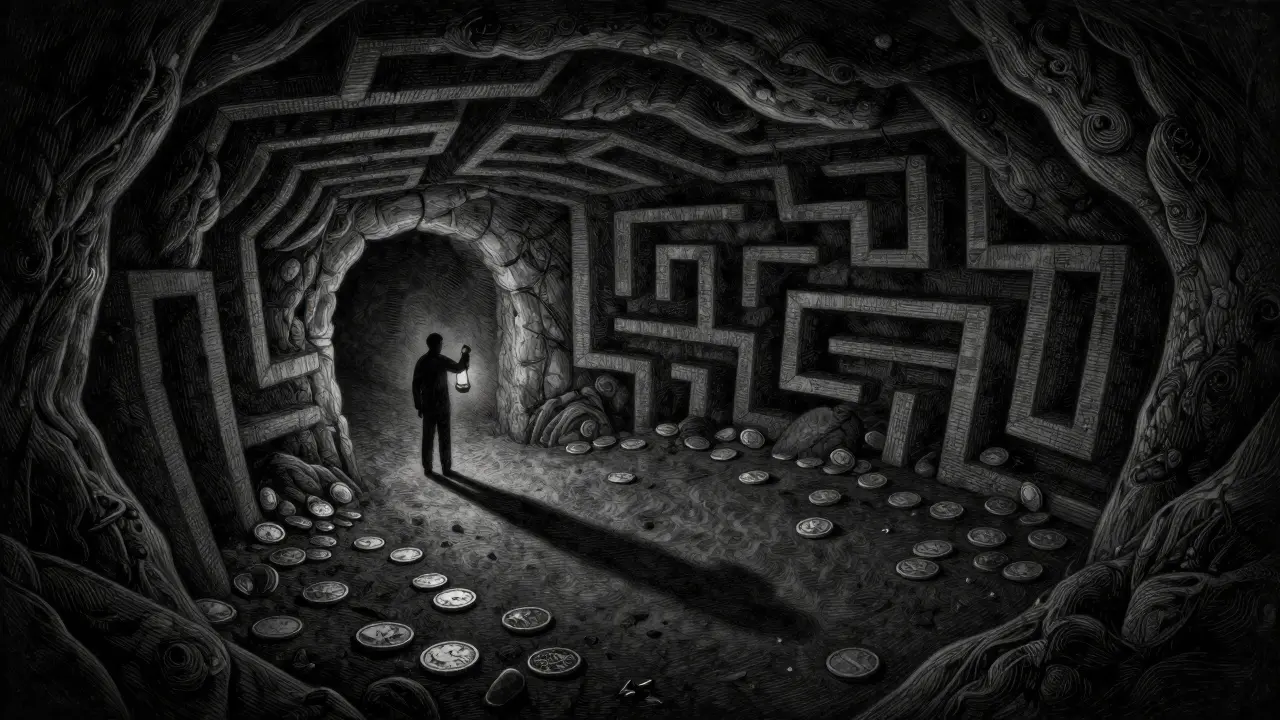Dark etching of a crypto graveyard with abandoned tokens and a lone observer.