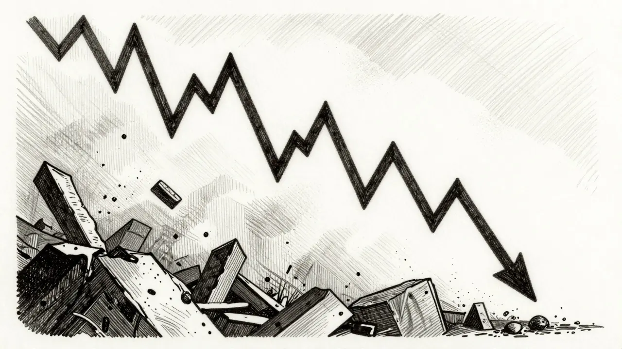 Dark etching showing a jagged line dropping down amidst crumbling shapes.