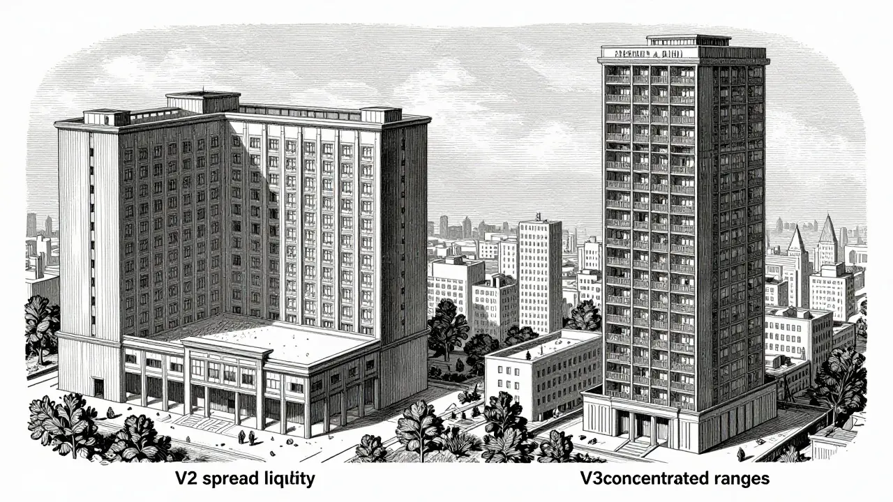 Detailed etching comparing inefficient V2 vs efficient V3 concentrated liquidity models
