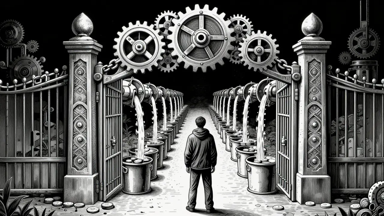 Detailed etching of a mechanical gate controlling steady token flow.