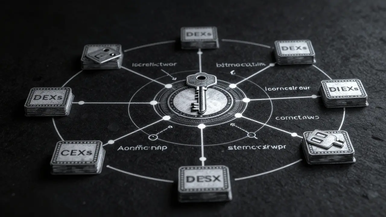 Detailed etching of cryptographic keys and blockchain nodes routing trades securely.