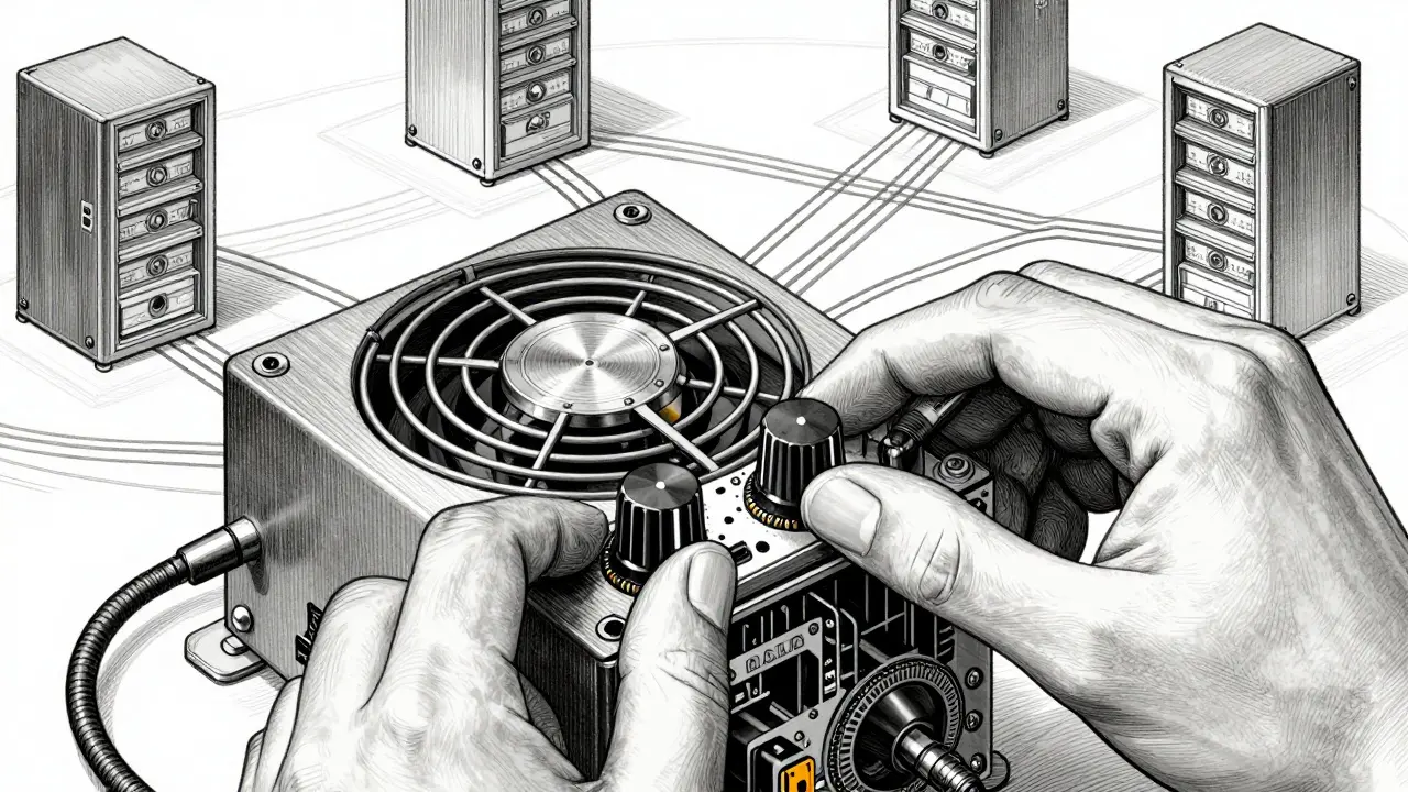 Detailed etching of hands configuring mining hardware settings and connections.