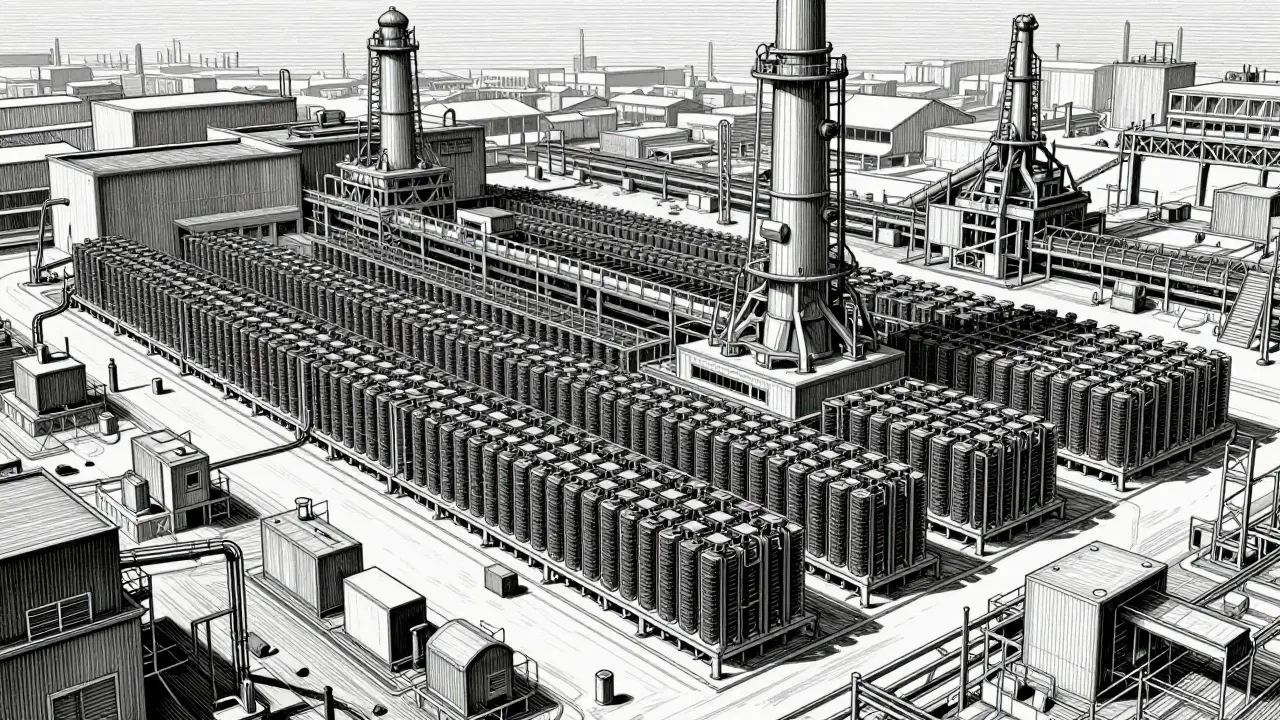 Detailed etching of large-scale Bitcoin mining farm showing industry consolidation.