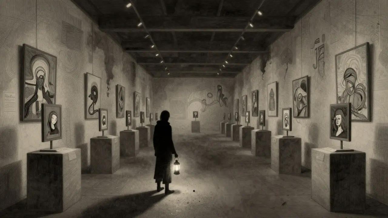 Empty virtual art gallery with dusty pedestals, etching style