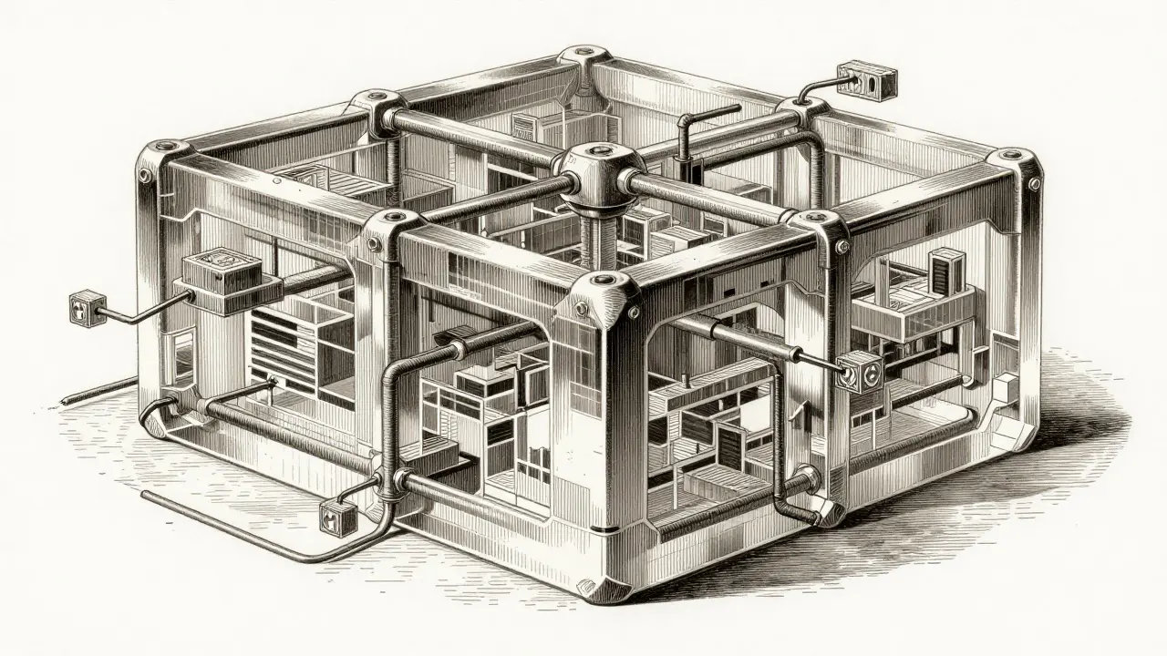 Engraving of a crystalline blockchain network showing transparent data flow