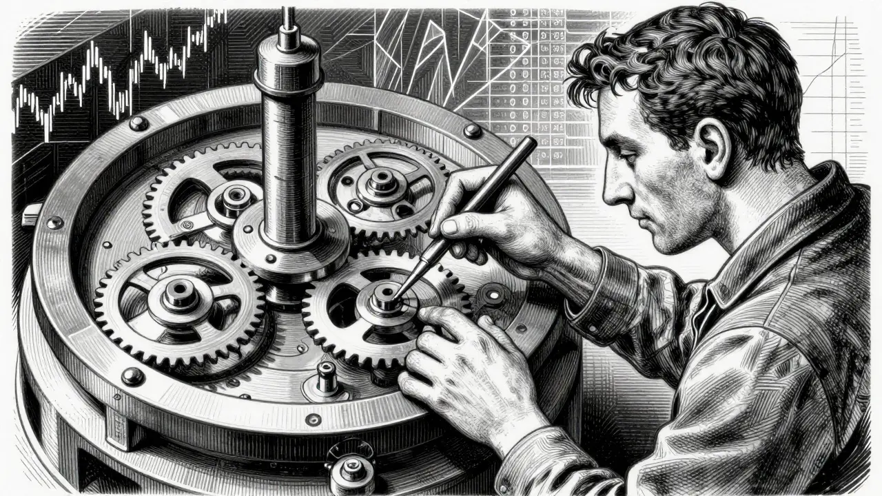 Engraving of a person adjusting complex gears symbolizing active DeFi management.