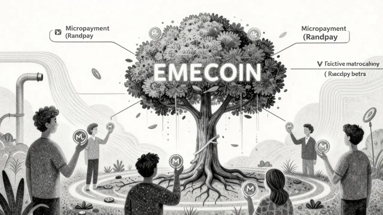 Etching depicting staking rewards and micropayment flows in a stylized network.