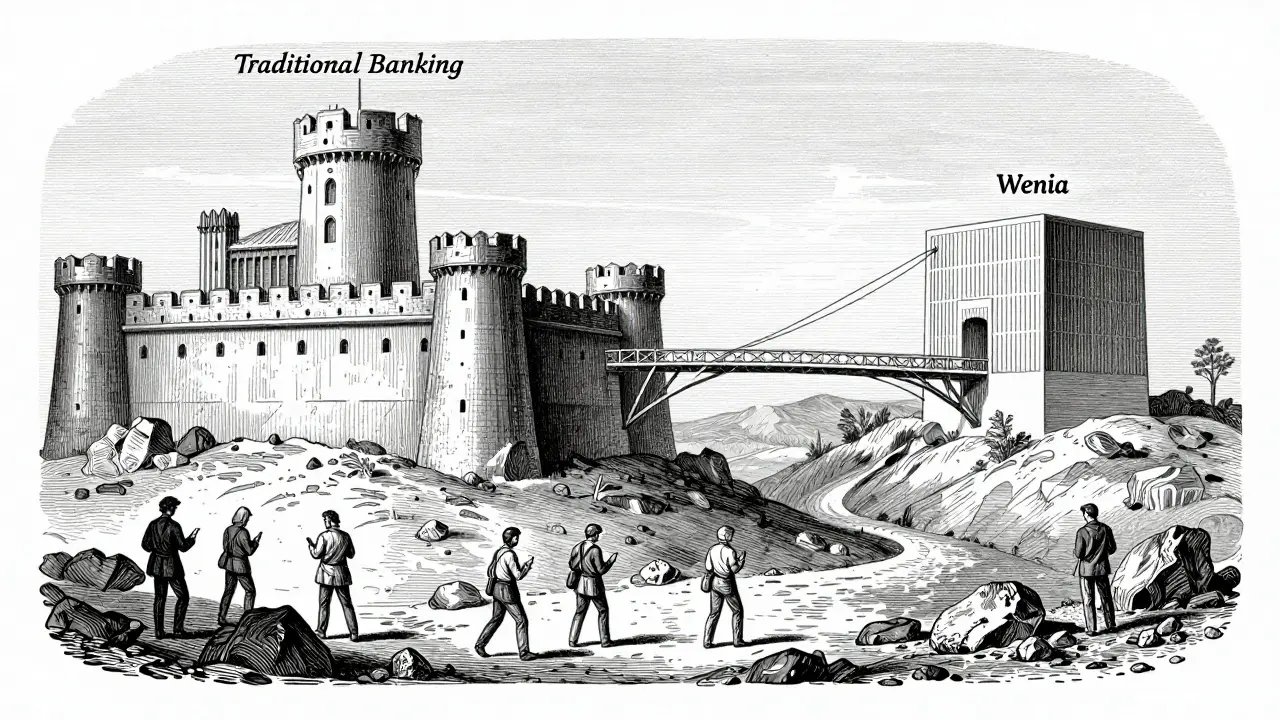 Etching illustrating the separation between banks and crypto platforms.