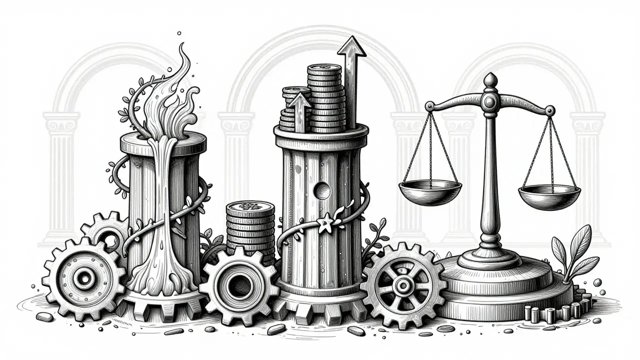Etching illustrating token utility pillars: gas, staking, and governance.