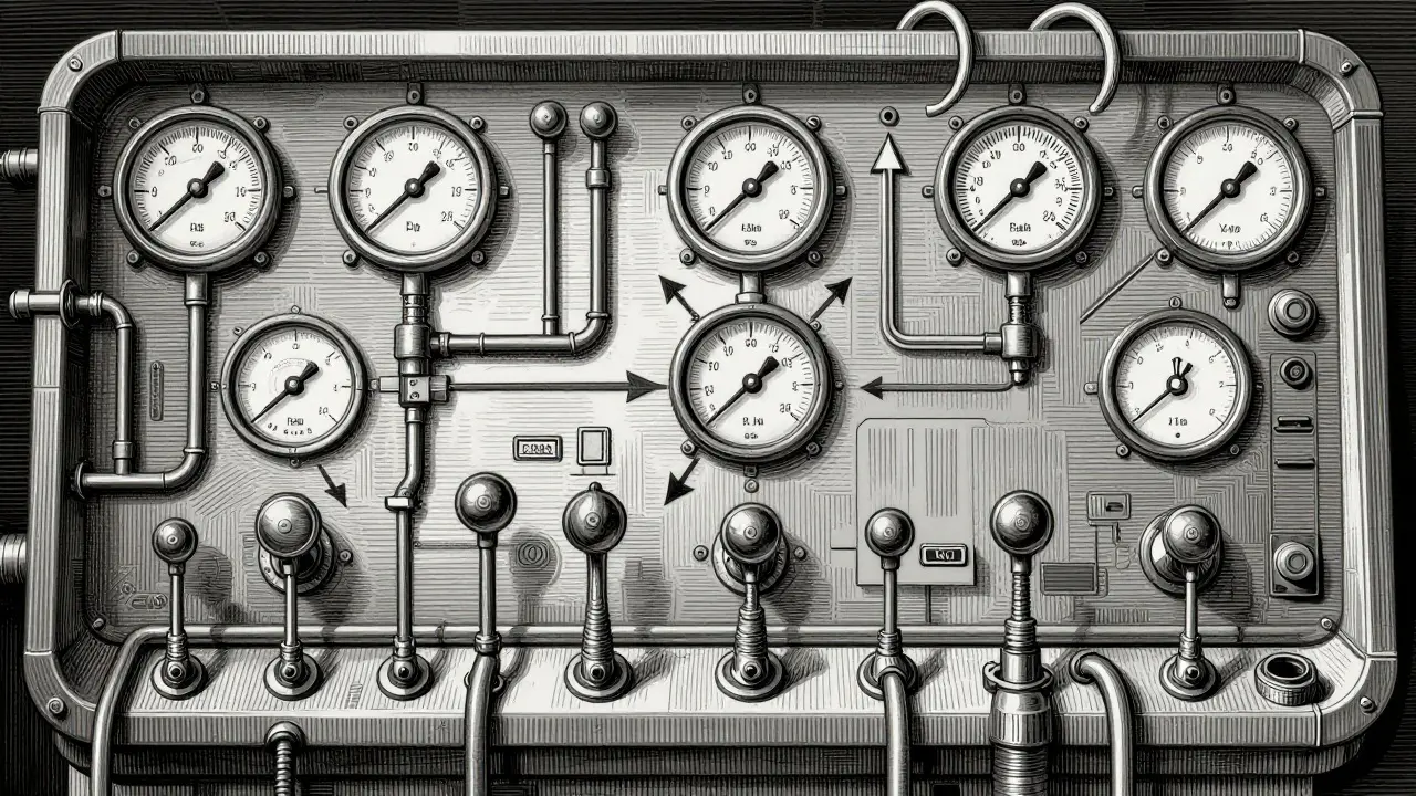 Etching of a complex control panel representing automated profit switching.