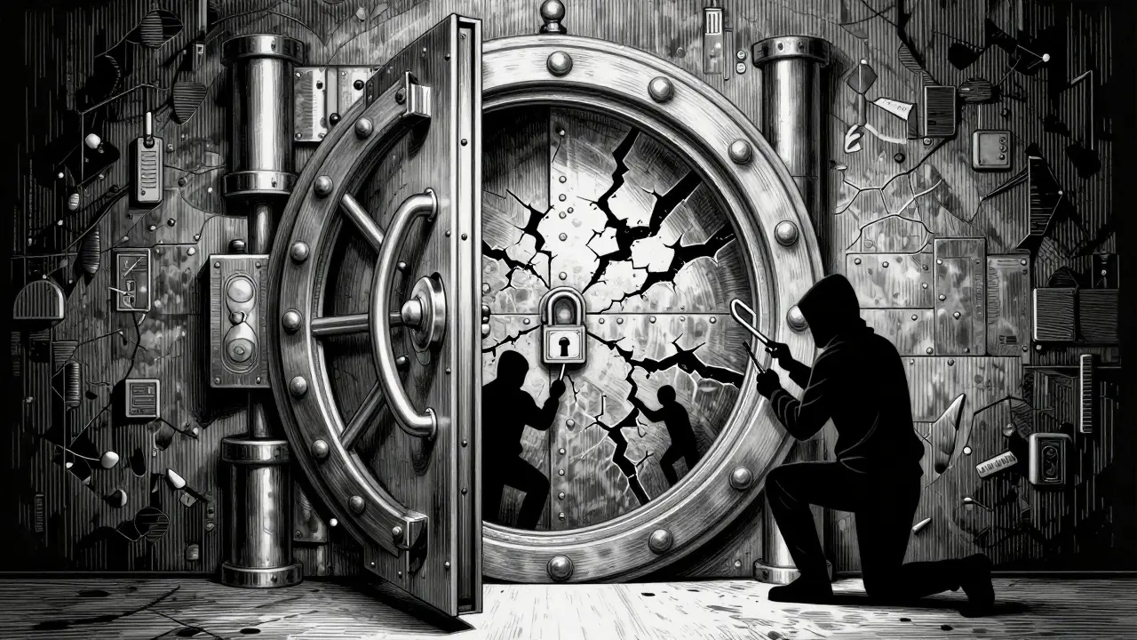 Etching of a cracked vault showing smart contract security risks